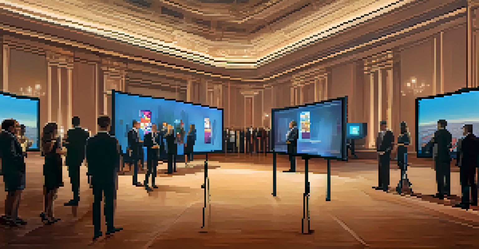 An elegant charity auction scene featuring unique NFTs displayed on a digital screen, with attendees bidding.