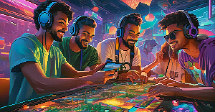 A diverse group of gamers working together in a colorful virtual landscape filled with unique digital assets.