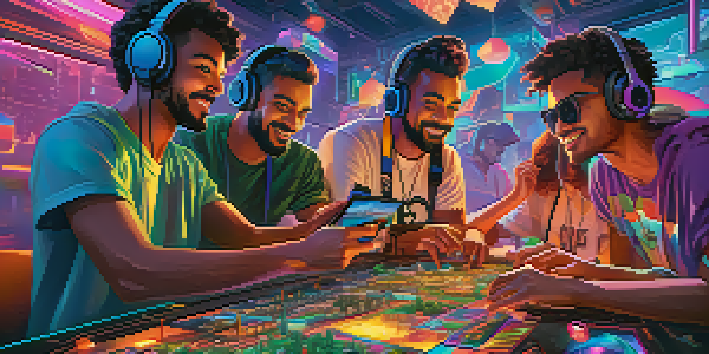 A diverse group of gamers working together in a colorful virtual landscape filled with unique digital assets.