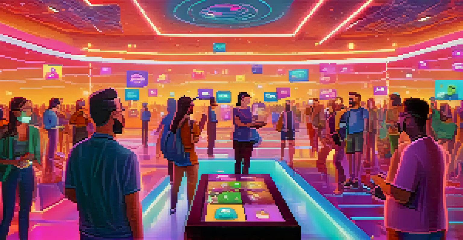 A lively virtual event where attendees earn glowing NFTs by completing challenges, set in a bright and colorful interactive environment.