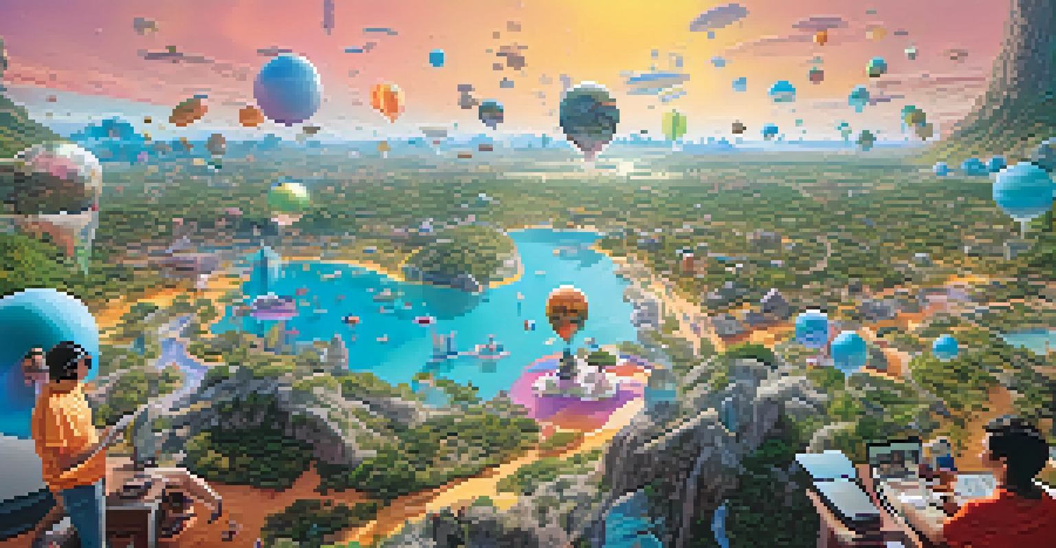 A colorful metaverse scene with users in VR headsets exploring virtual worlds, surrounded by digital assets and imaginative landscapes.