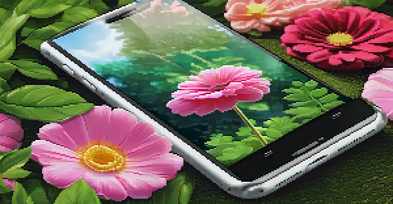 A smartphone displaying a colorful digital floral artwork in a lush garden, merging technology with nature.