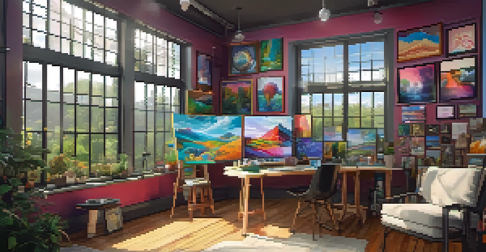 A digital art studio filled with colorful artworks and natural light, designed for creating NFTs.