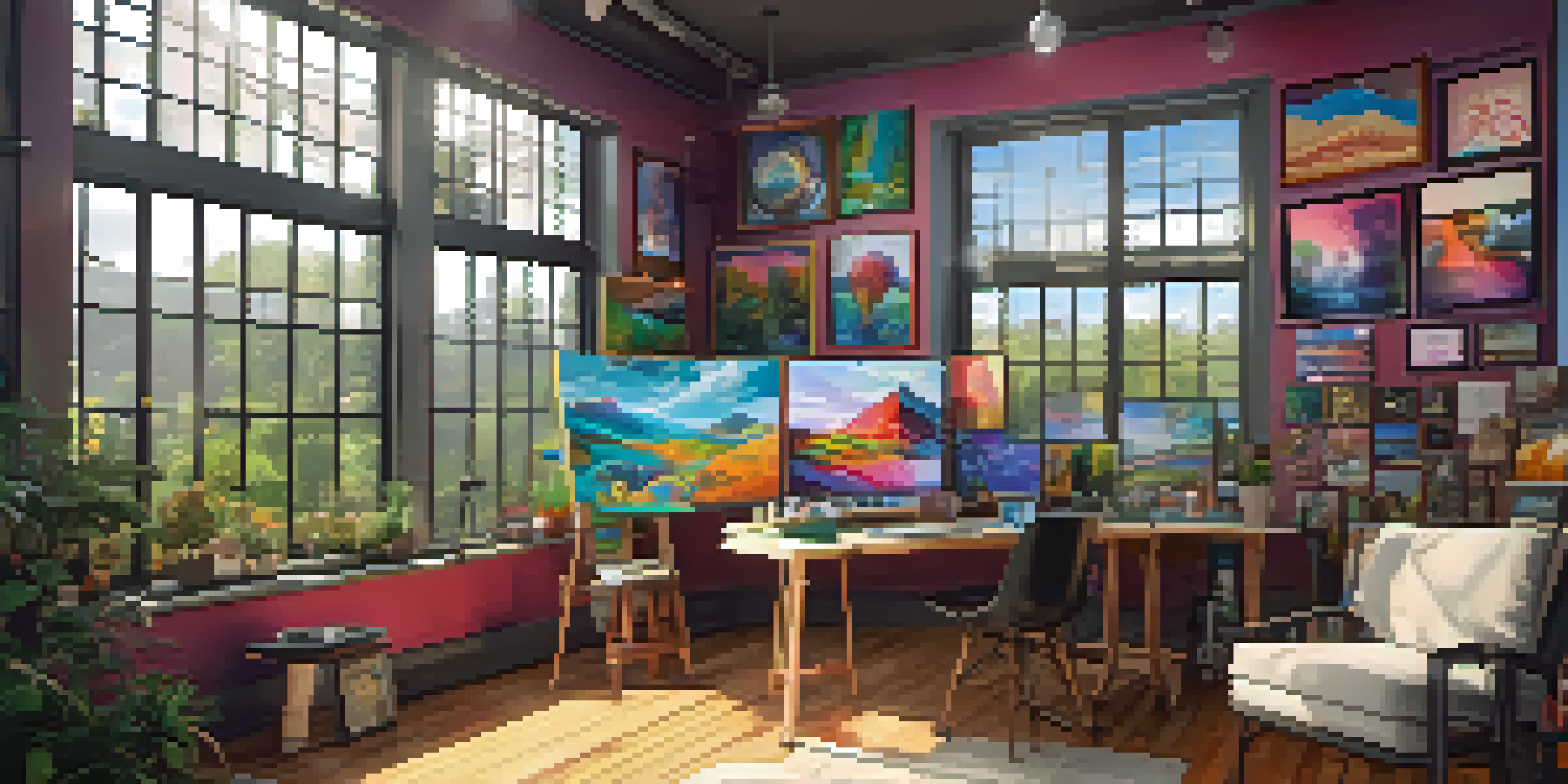 A digital art studio filled with colorful artworks and natural light, designed for creating NFTs.
