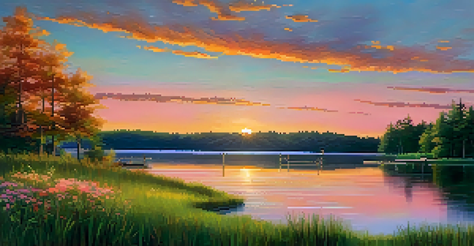 A beautiful sunset over a calm lake with colorful reflections and a wooden dock.