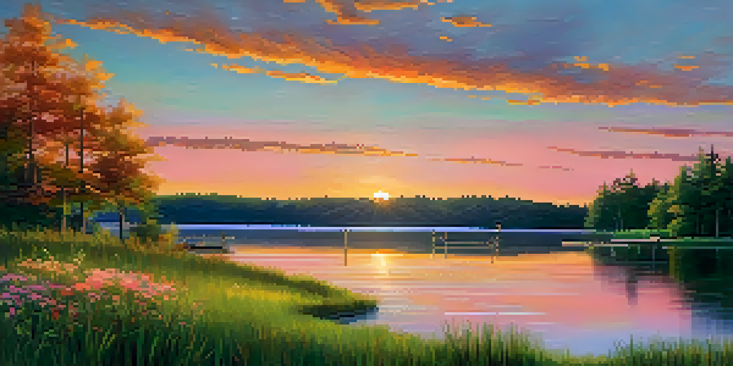 A beautiful sunset over a calm lake with colorful reflections and a wooden dock.