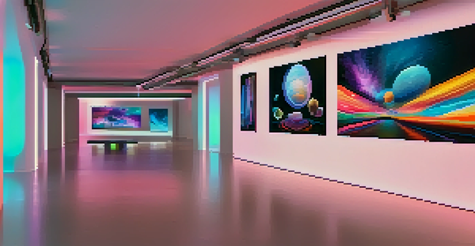 A modern digital art gallery with colorful NFT displays and sleek architecture, illuminated by soft ambient lighting.