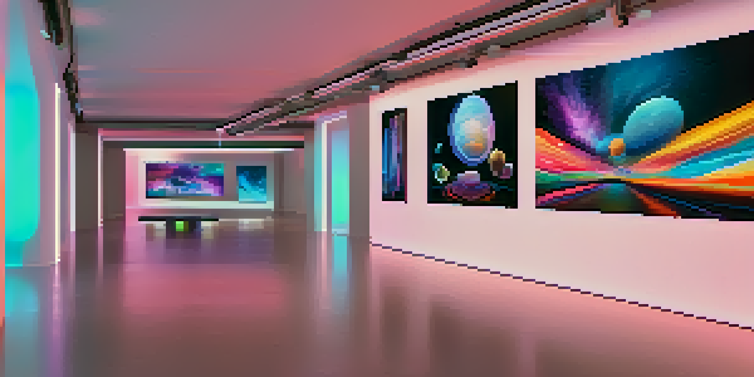 A modern digital art gallery with colorful NFT displays and sleek architecture, illuminated by soft ambient lighting.