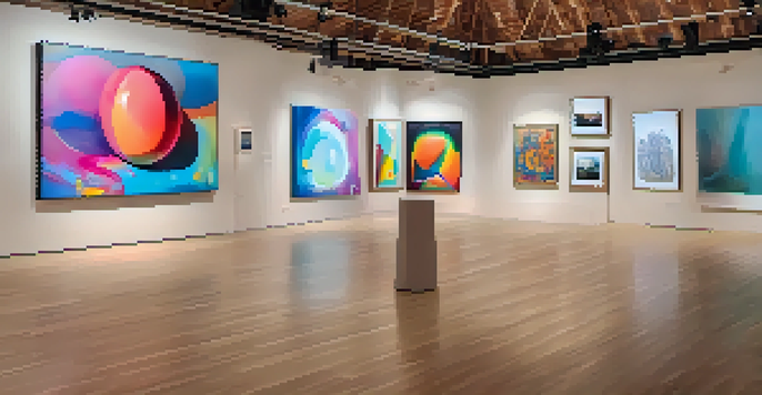 A digital art gallery filled with colorful NFTs, with warm lighting and visitors engaging with the art.