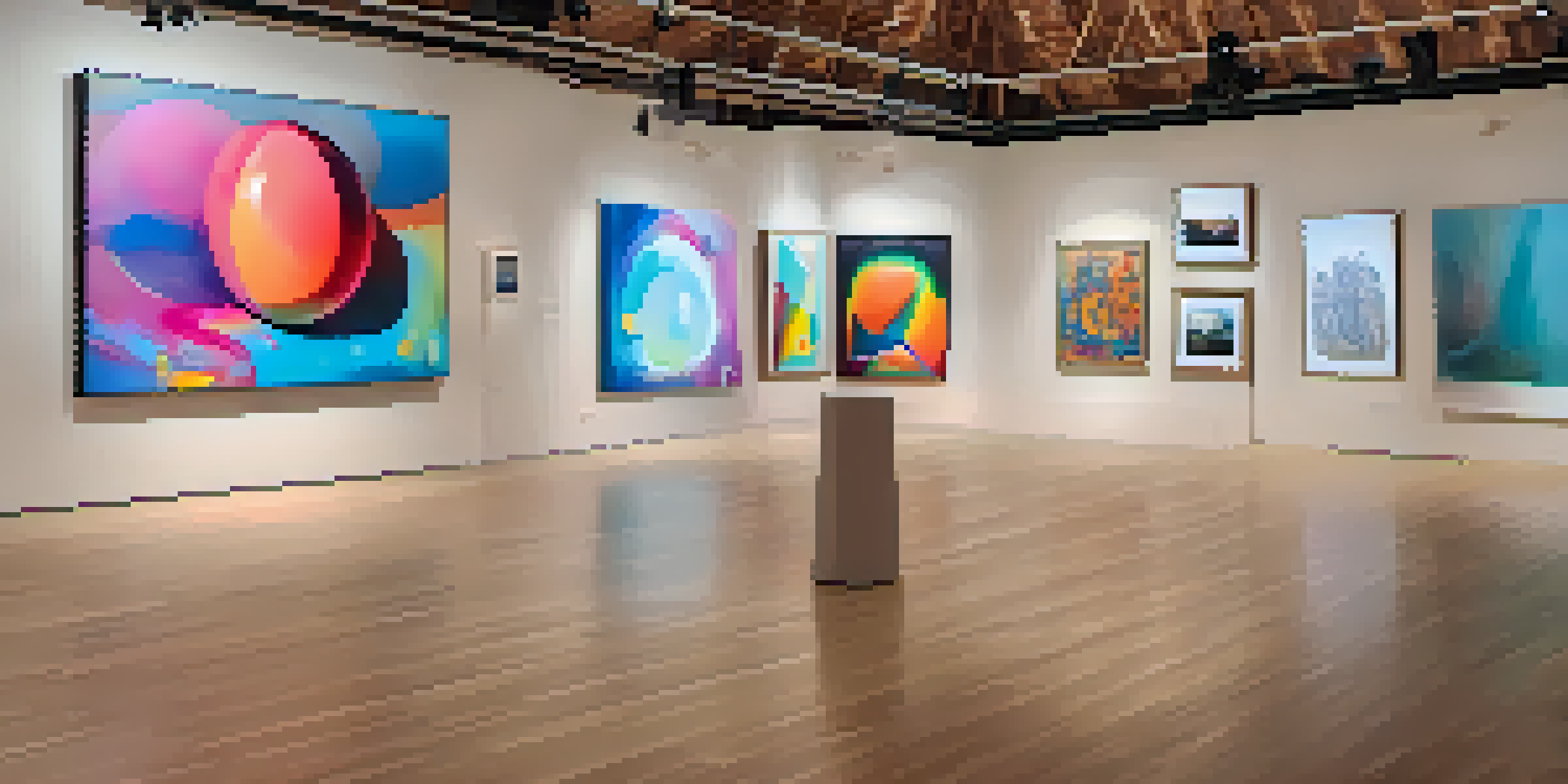 A digital art gallery filled with colorful NFTs, with warm lighting and visitors engaging with the art.