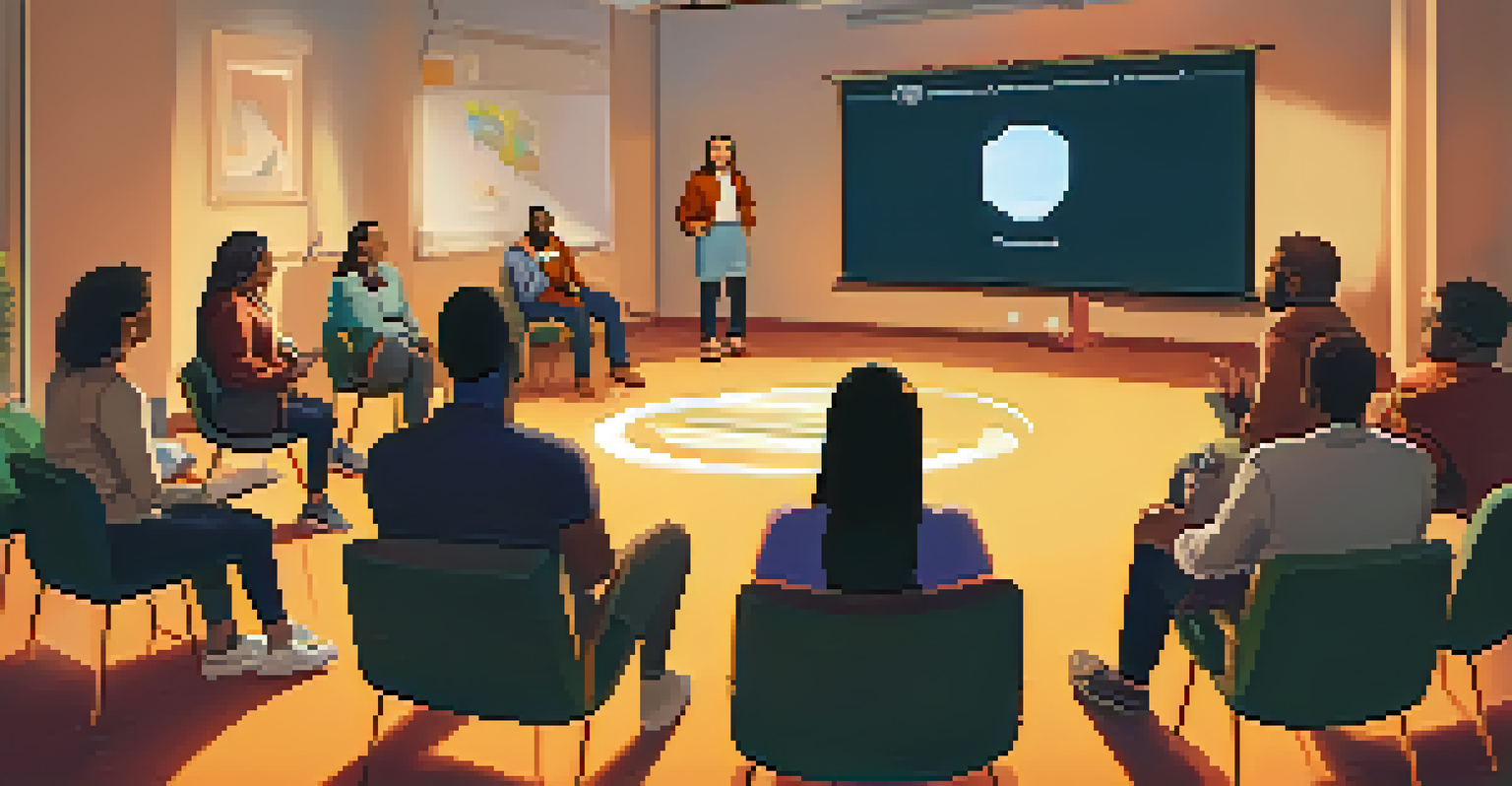 A diverse group of adults in a circle learning about financial literacy and NFTs with a projector displaying information.