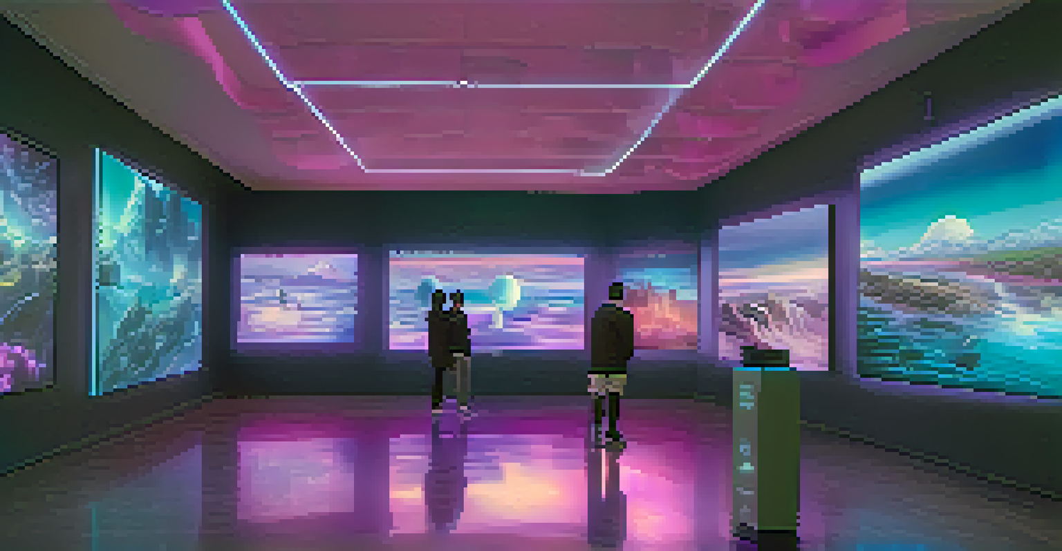A futuristic virtual museum with visitors interacting with holographic displays of digital art pieces illuminated in blue and purple lights.
