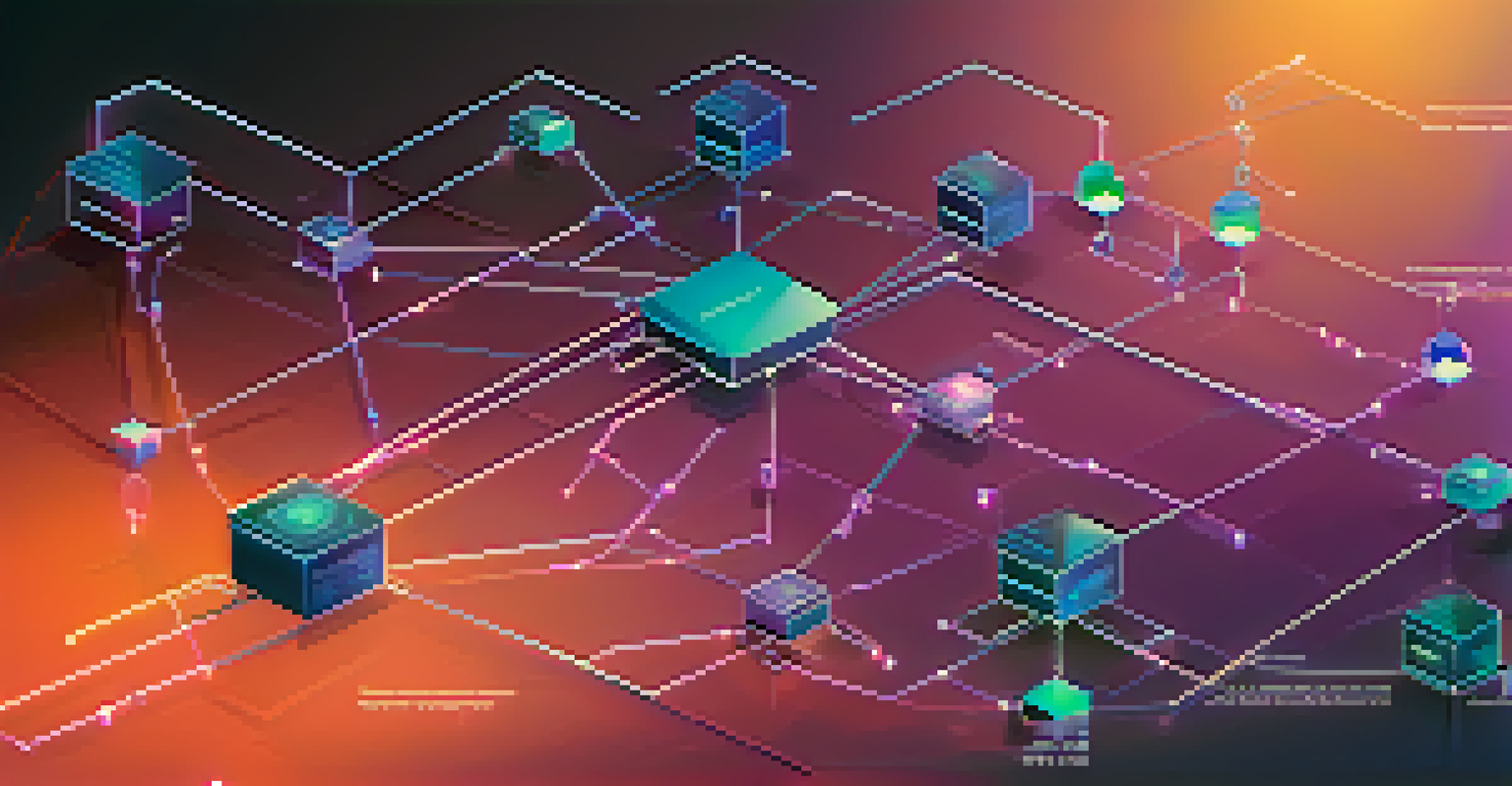 An abstract representation of smart contracts as interconnected digital nodes on a blockchain network, with a blue and purple gradient background.