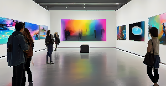 A modern art gallery filled with digital screens displaying colorful NFTs, with visitors admiring the artwork.