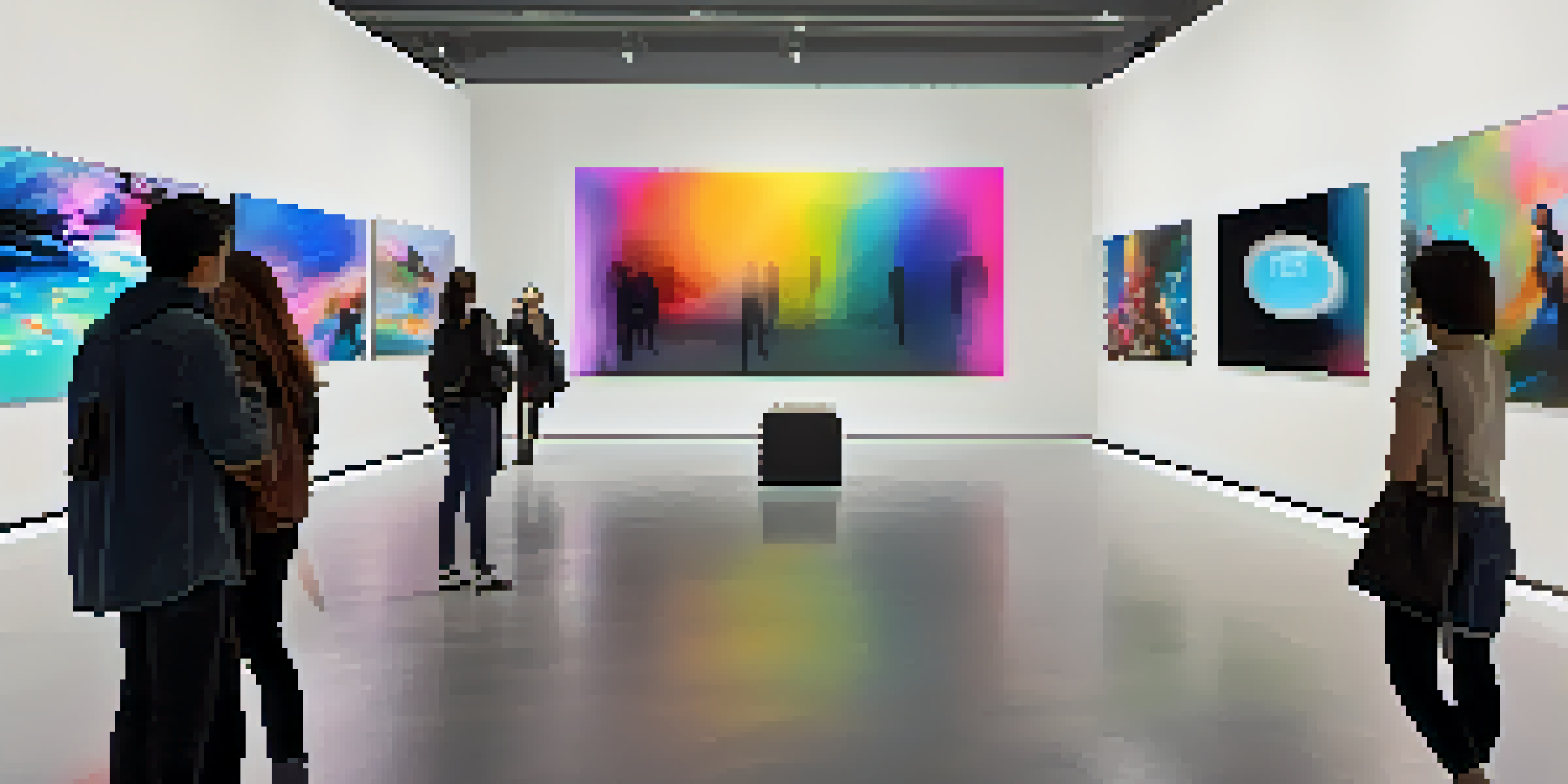 A modern art gallery filled with digital screens displaying colorful NFTs, with visitors admiring the artwork.