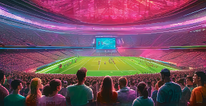 A futuristic sports stadium filled with diverse fans engaging in NFT trading, illuminated by neon lights and featuring holographic displays of digital collectibles.