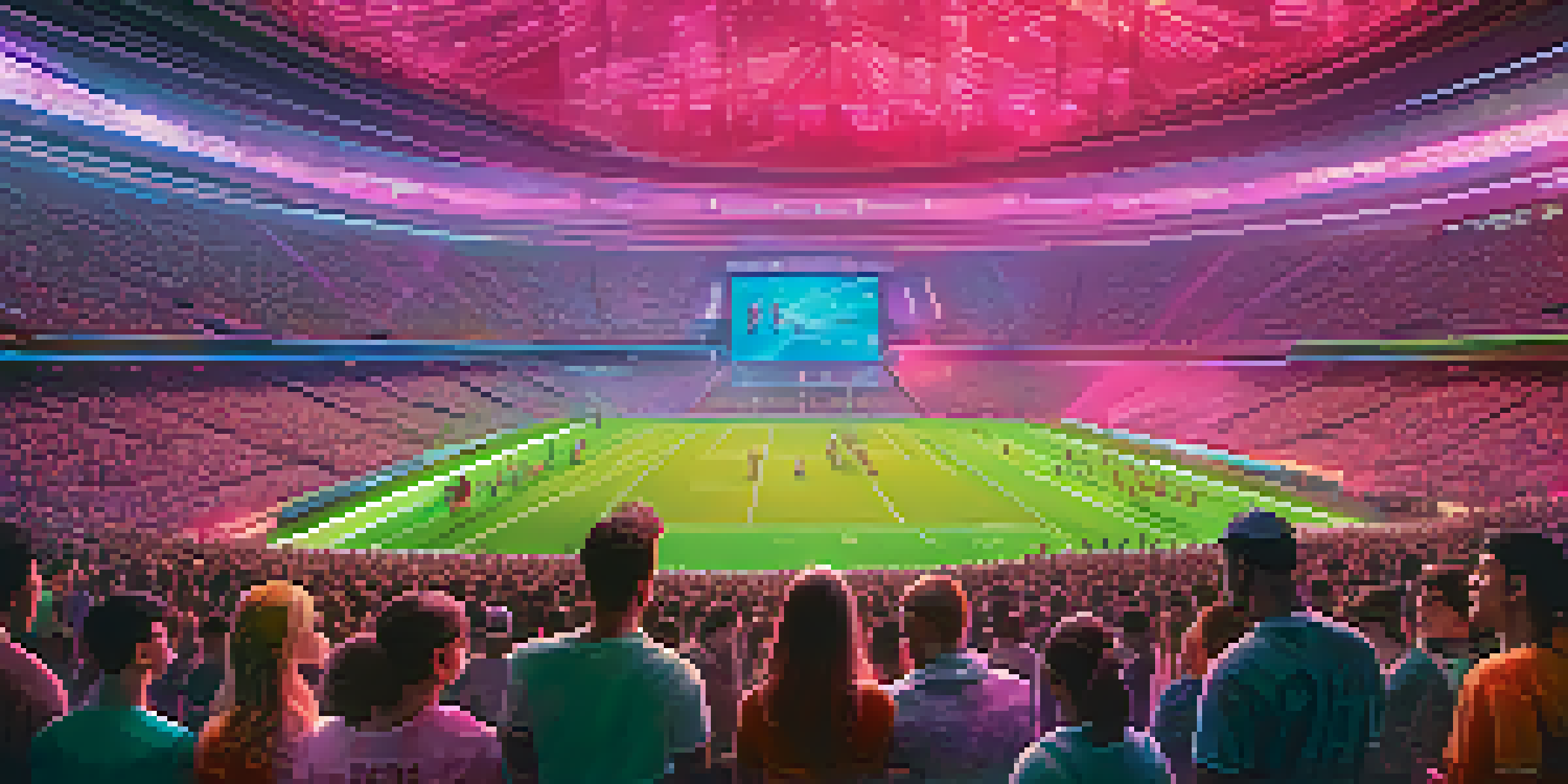 A futuristic sports stadium filled with diverse fans engaging in NFT trading, illuminated by neon lights and featuring holographic displays of digital collectibles.