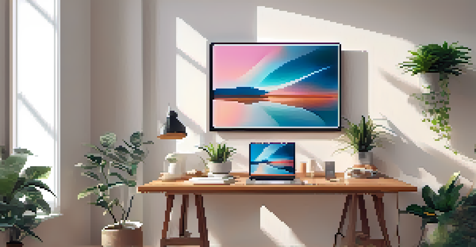 A digital tablet showing NFT artwork on a modern desk, surrounded by a laptop and a potted plant in natural light.