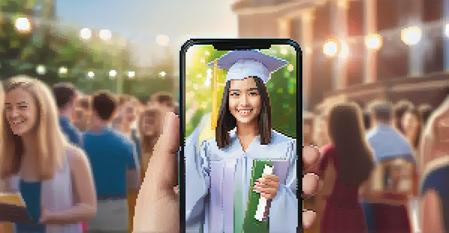 A graduate holding a smartphone displaying their NFT diploma, with a graduation ceremony in the background.