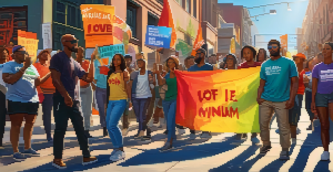 A group of diverse activists holding colorful banners and signs in an urban setting, advocating for social change under warm sunlight.