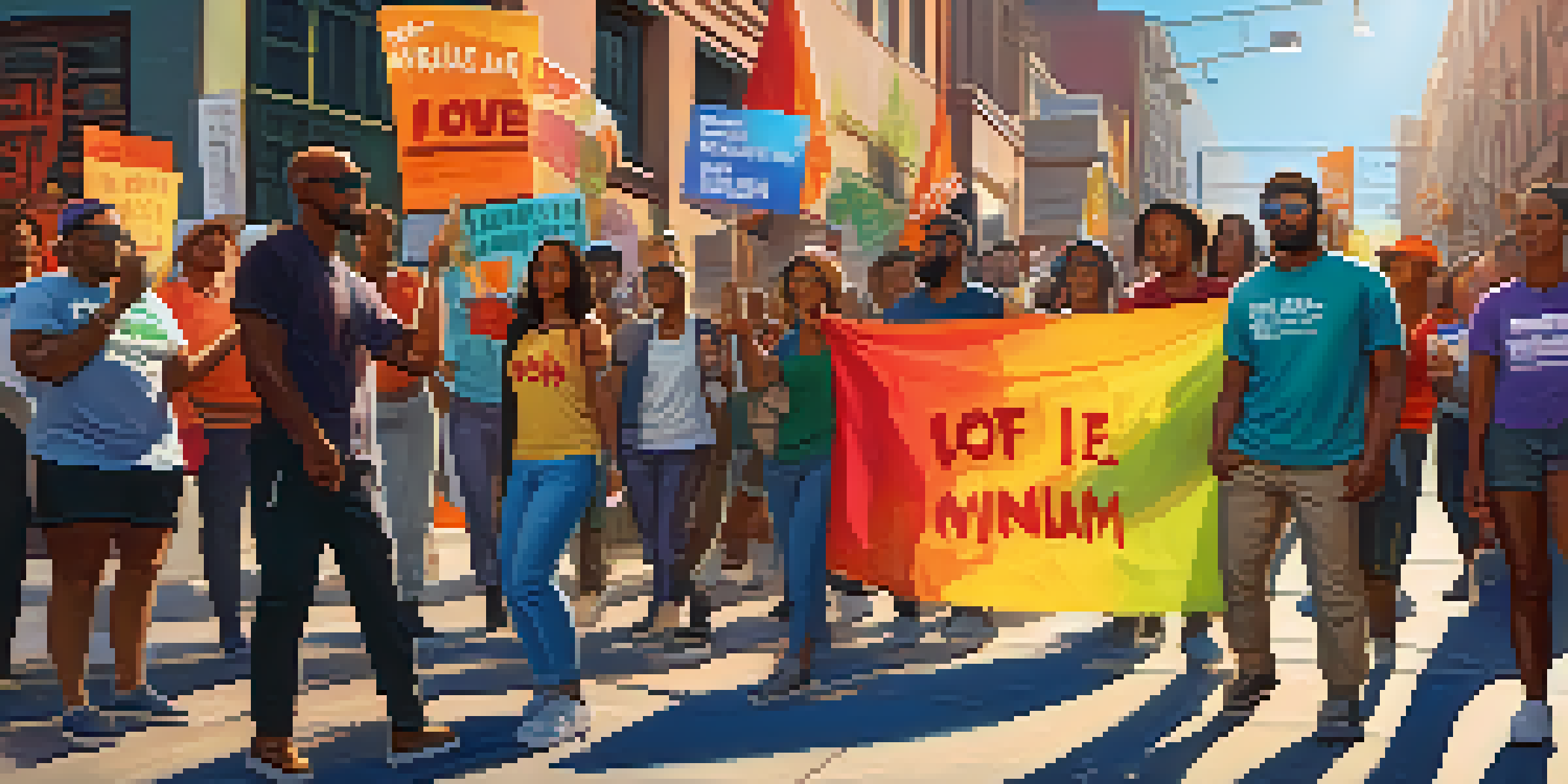 A group of diverse activists holding colorful banners and signs in an urban setting, advocating for social change under warm sunlight.