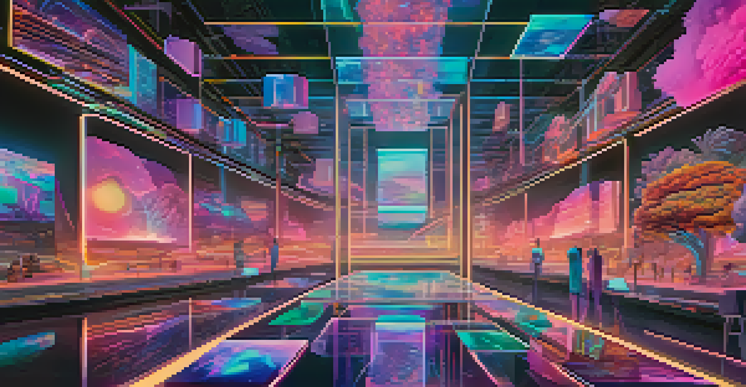 A futuristic digital landscape showcasing floating holographic NFTs in vibrant neon colors.