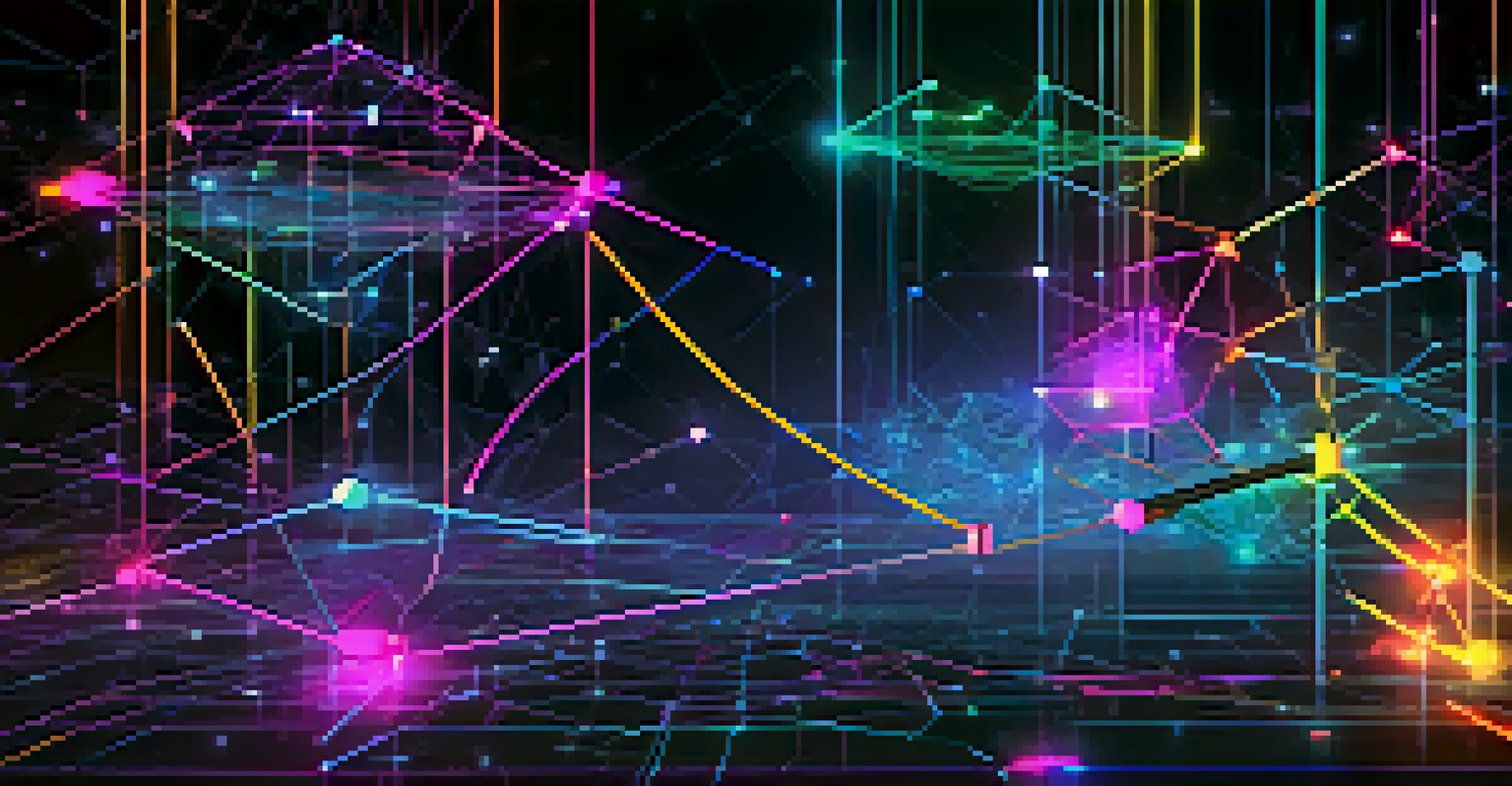 An abstract illustration of blockchain technology with interconnected nodes and vibrant colors, symbolizing NFT security.