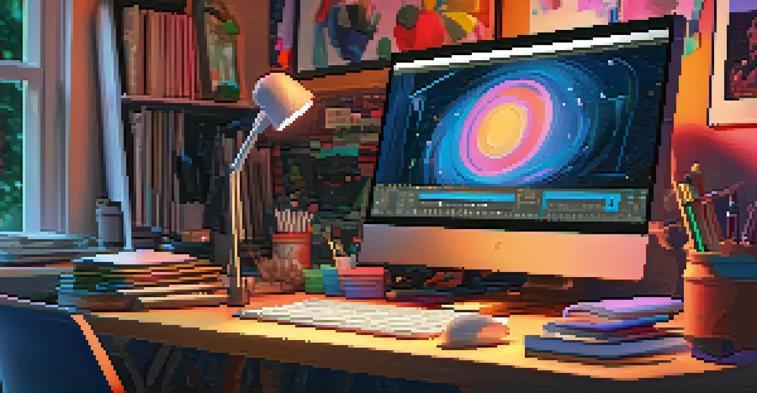 An artist's workspace with digital devices and tools, showing a colorful NFT artwork on a computer screen.