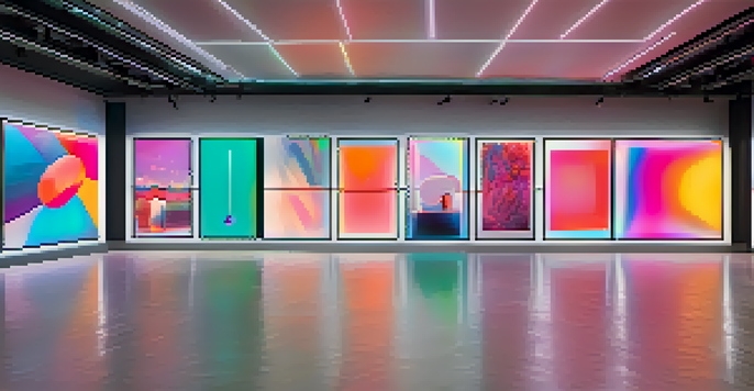A modern digital art gallery displaying various NFTs on screens with dynamic lighting.