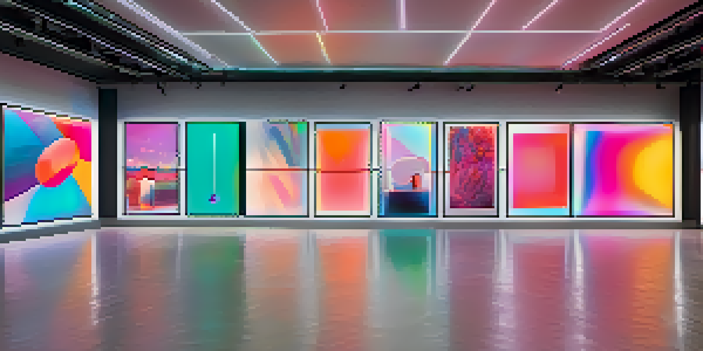 A modern digital art gallery displaying various NFTs on screens with dynamic lighting.