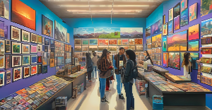 A digital art marketplace filled with diverse NFT artworks and people exploring the gallery.