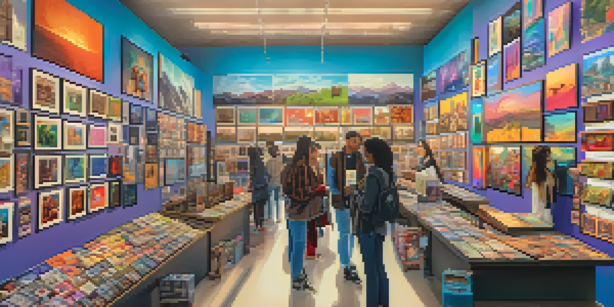 A digital art marketplace filled with diverse NFT artworks and people exploring the gallery.