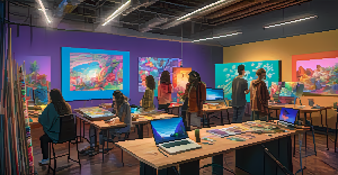 A group of diverse artists collaborating on a digital art project, surrounded by colorful artwork and art supplies in a well-lit studio.