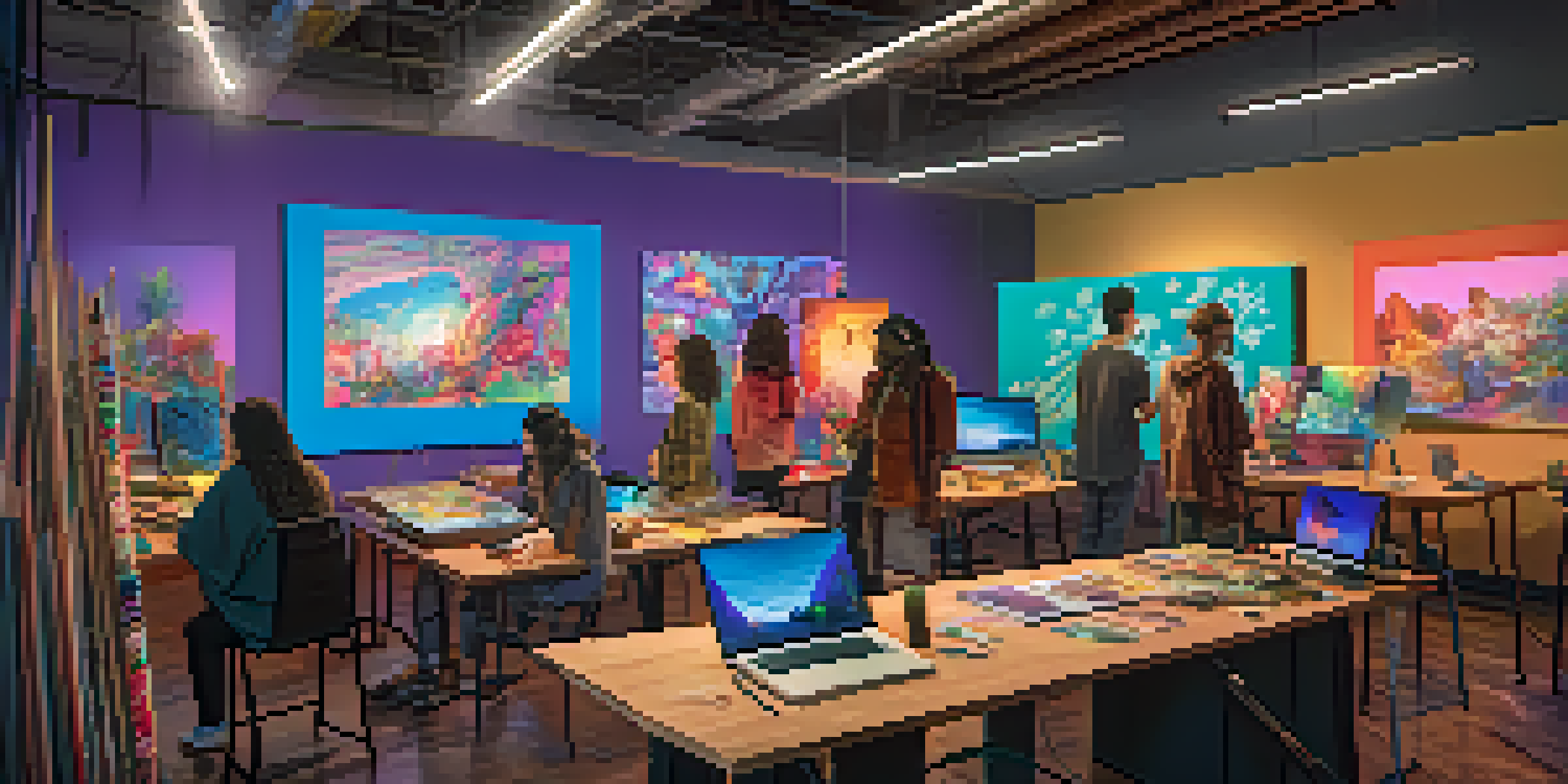 A group of diverse artists collaborating on a digital art project, surrounded by colorful artwork and art supplies in a well-lit studio.