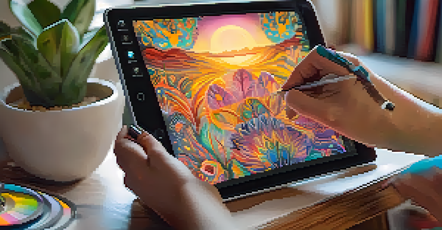 A digital artist creating vibrant NFT artwork on a tablet in a cozy workspace with natural light.