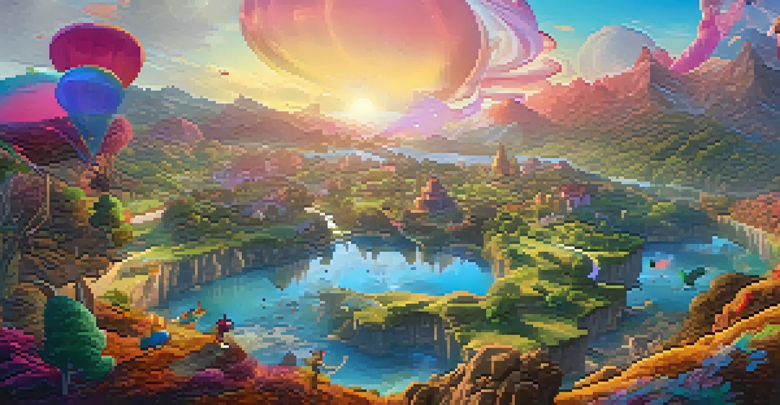 A fantastical landscape showcasing interactive storytelling with characters and environments changing colors.