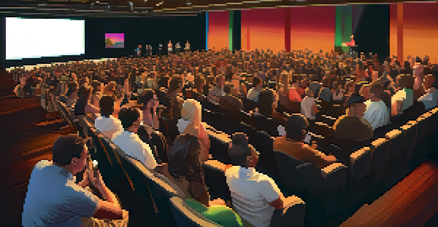 Filmmakers presenting at a crowdfunding event in a modern auditorium.