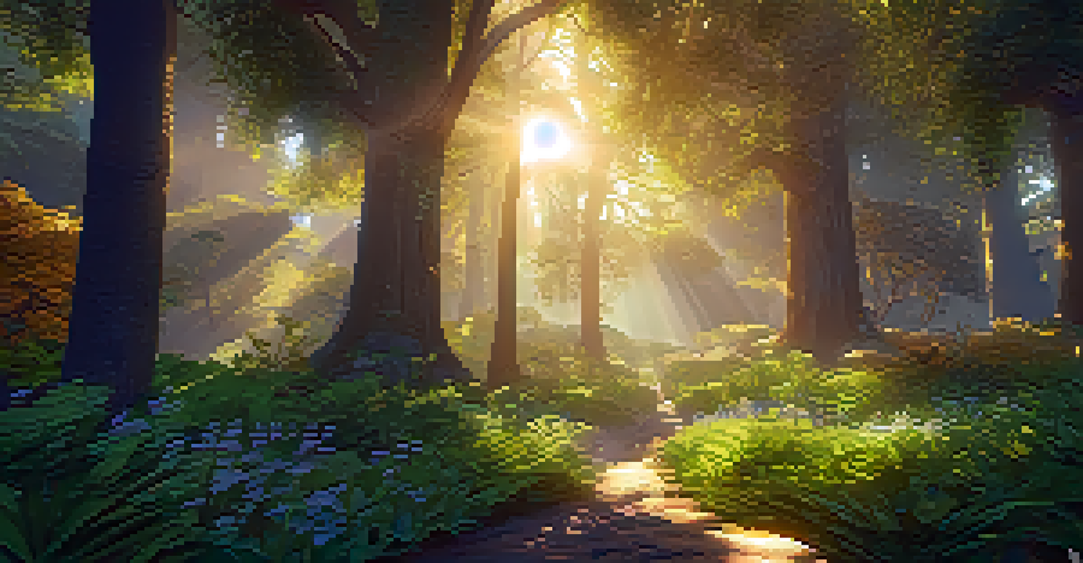 An interactive digital forest in virtual reality, filled with glowing plants and animals, where users find hidden NFTs.