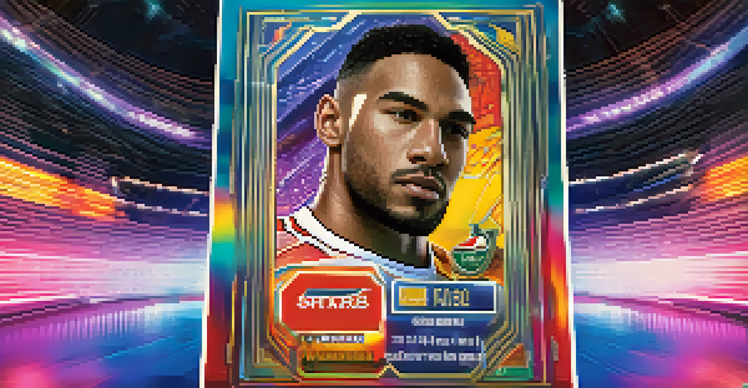 A colorful digital trading card featuring a famous athlete, with holographic elements and a blurred sports arena in the background.