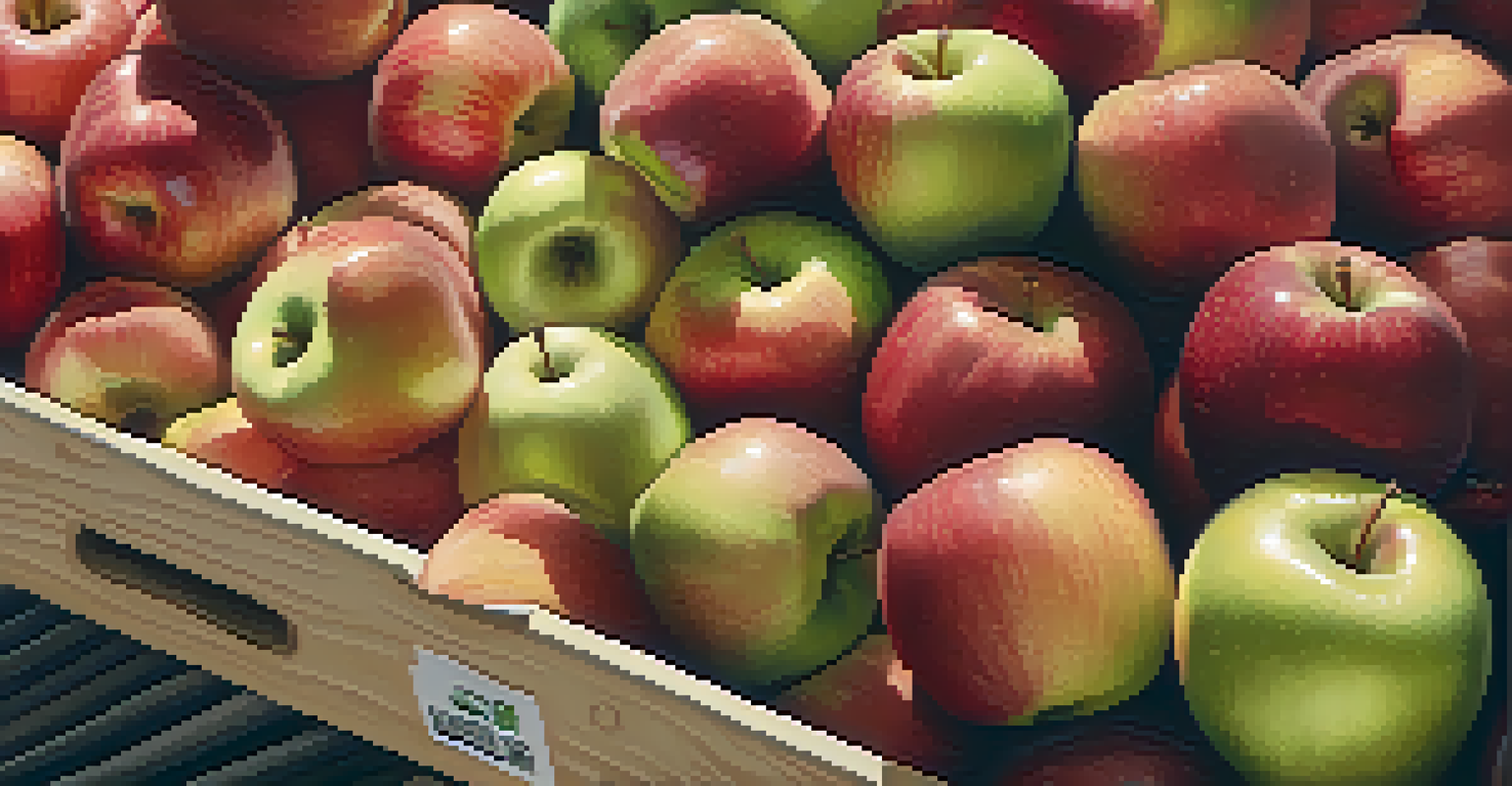 An overhead view of a farmer's market with organic apples and QR codes for traceability.