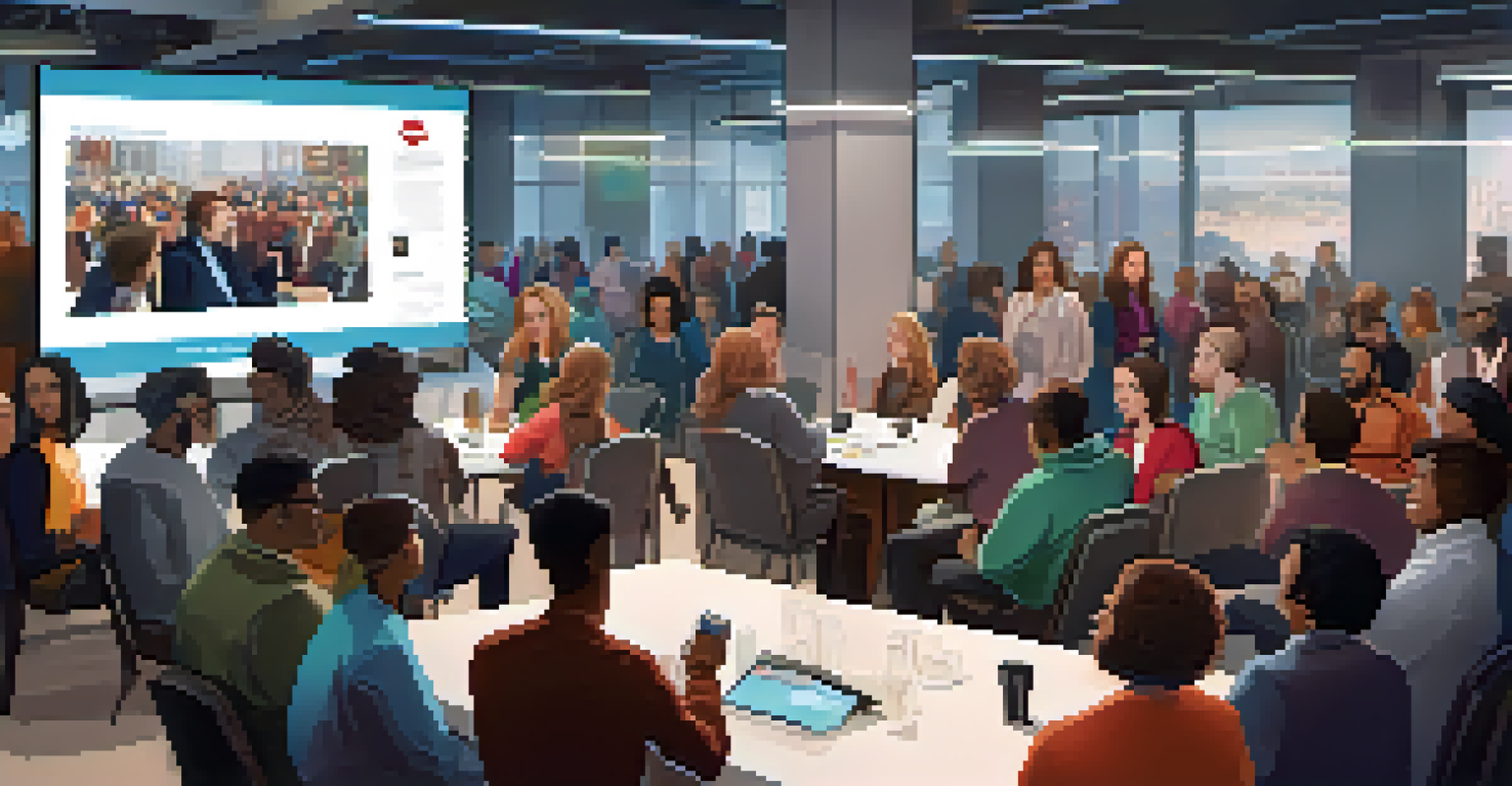 A diverse group of people engaging in discussions about news stories in a modern space, with a screen displaying an NFT badge, showcasing community interaction.