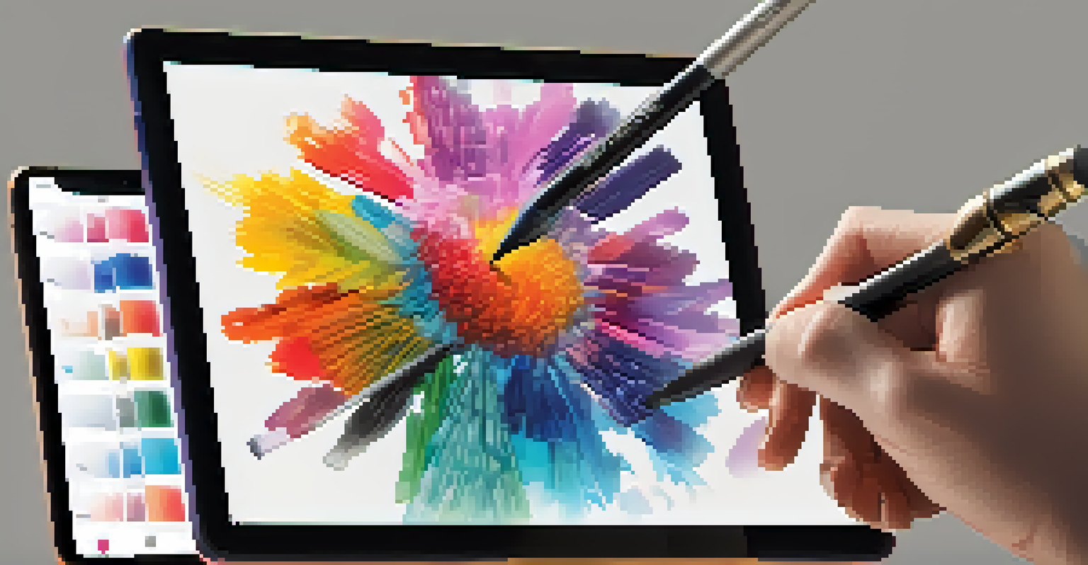 An artist's hand using a stylus on a tablet to create a vibrant NFT artwork, showcasing intricate colors and patterns on the screen.
