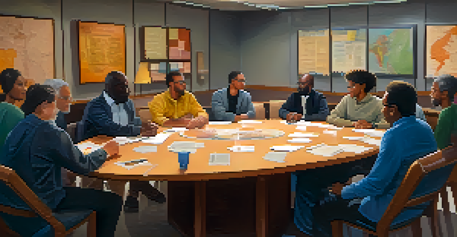 A group of community members gathered around a round table, discussing and resolving conflicts related to NFTs, with charts and notes around them.