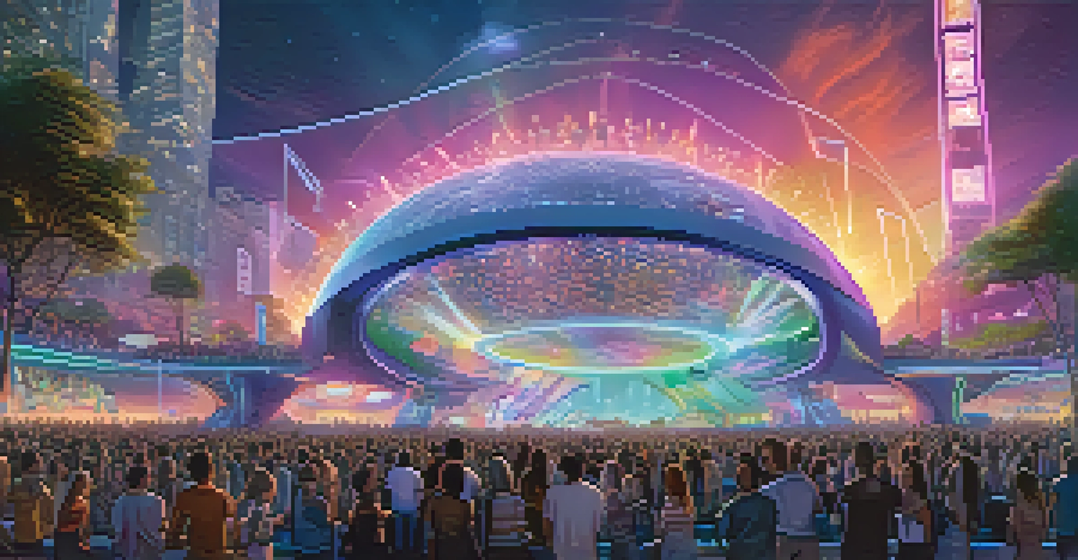 A futuristic concert scene where attendees interact with digital NFTs using their devices amidst vibrant holographic displays.