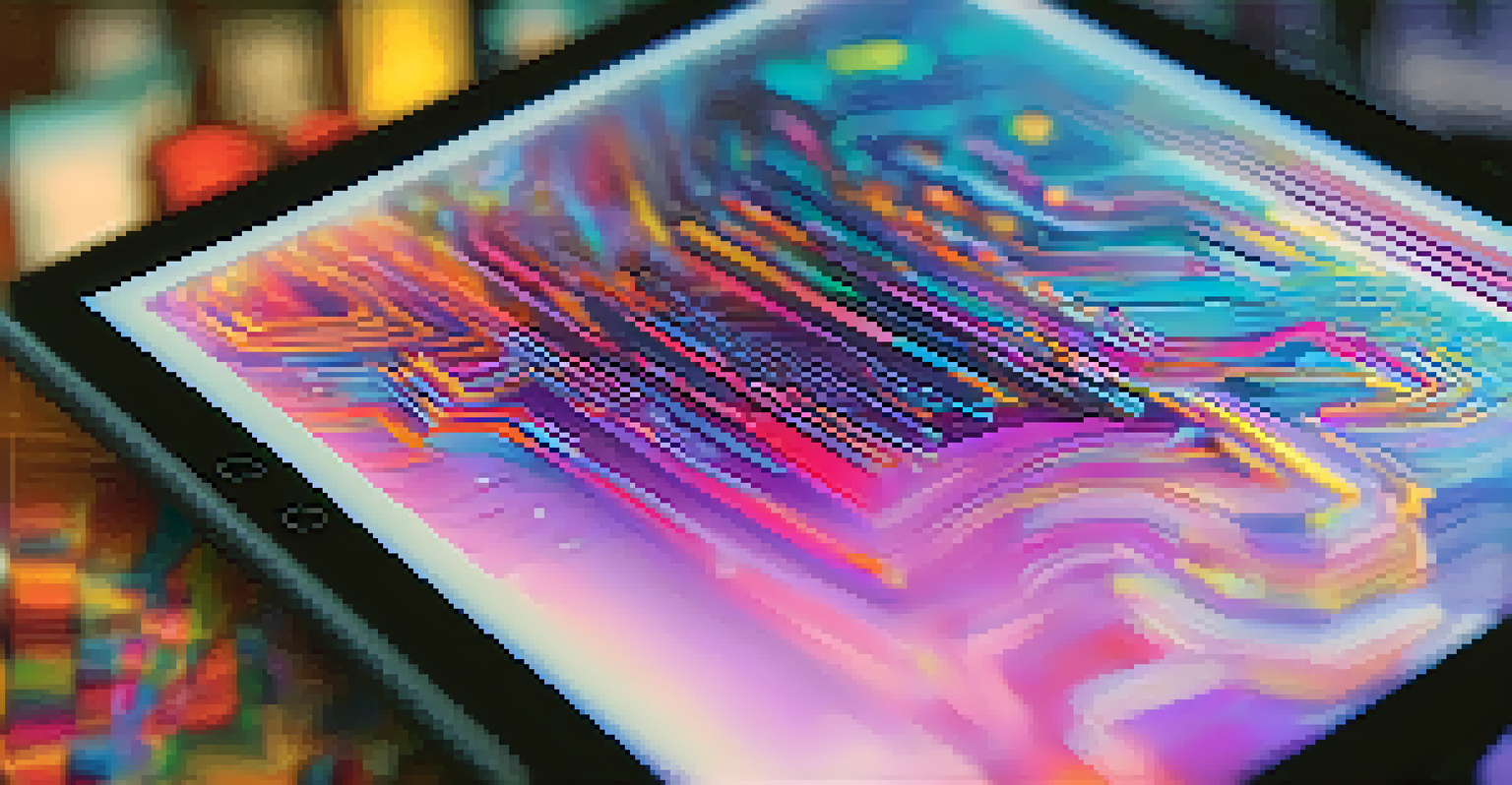 A close-up view of a vibrant digital artwork on a tablet, showcasing intricate details and colors.