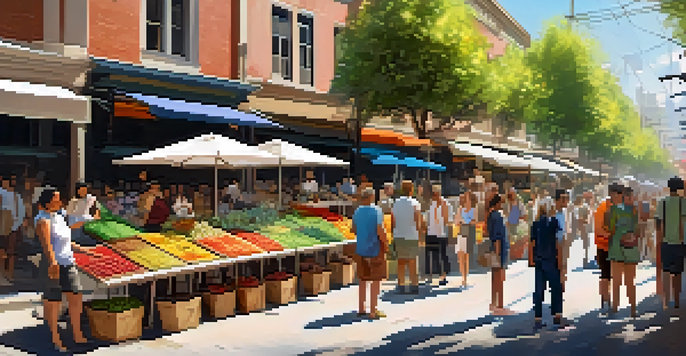 A lively digital art marketplace with artists and collectors, surrounded by greenery and colorful artworks.