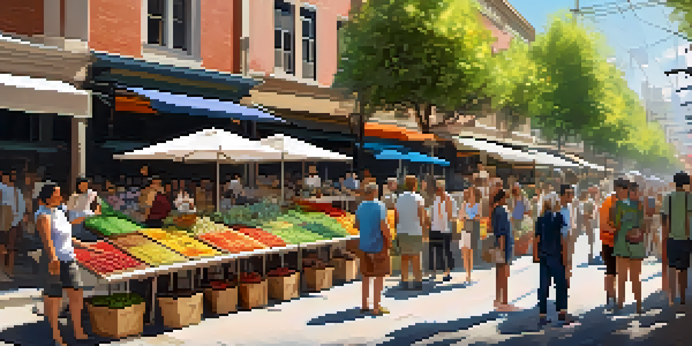 A lively digital art marketplace with artists and collectors, surrounded by greenery and colorful artworks.