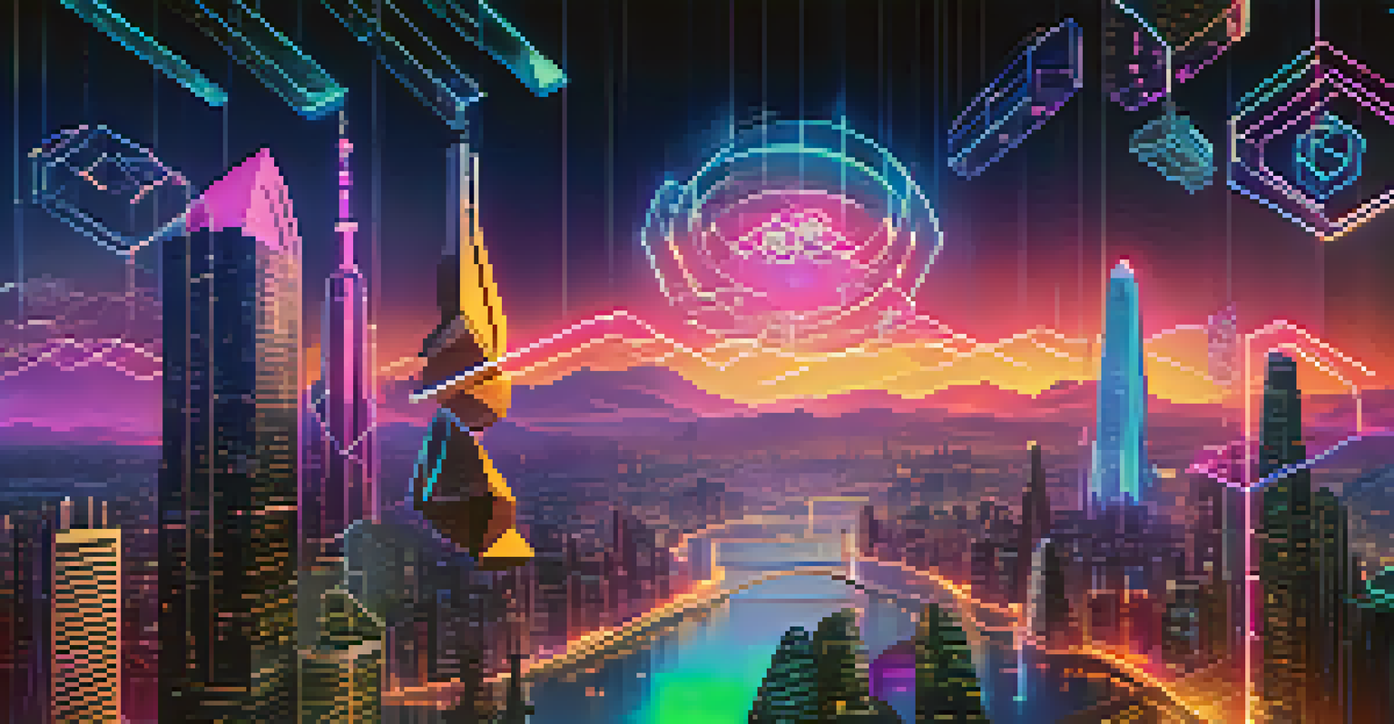 A futuristic city skyline illustrating the concept of tokenomics with glowing blockchain structures and vibrant token symbols.