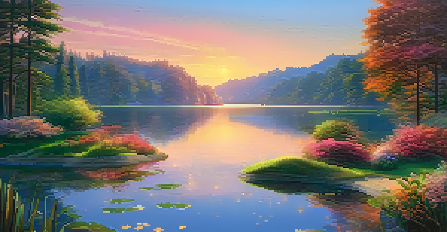 A picturesque virtual landscape at sunset, with a digital painting displayed in a gallery, surrounded by greenery and a tranquil lake.