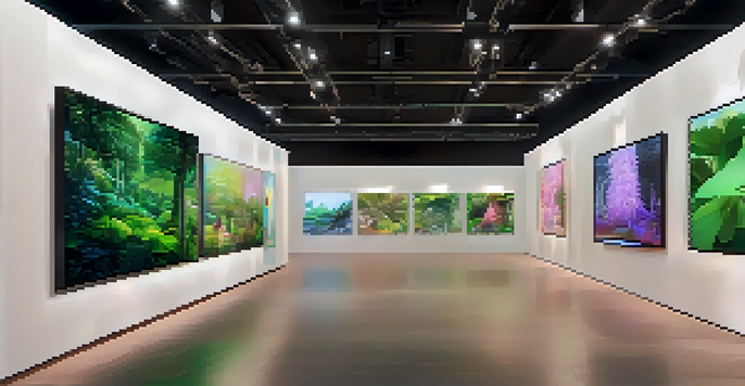 A modern digital art gallery filled with various NFT artworks, illuminated with soft lighting and surrounded by plants.
